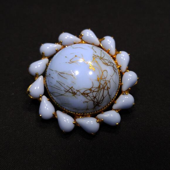 Weiss Light Blue & Gold Marbled Art Glass Earrings, Gold Plated, 1950s Vintage - Picture 2 of 10